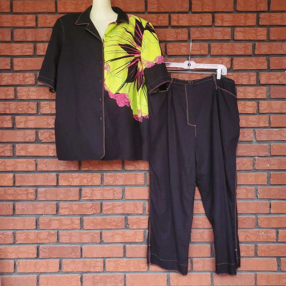 Alain Weiz Linen Blend Outfit Top Sz 22 Pants Sz 20 Black Neon Yellow Statement